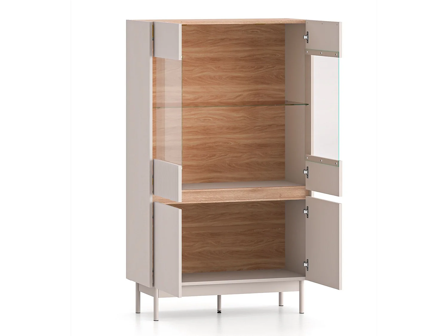 Vitrine 4-türig – Glasfront & LED – Kaschmirgrau/Eichenoptik – 92 cm – DUNEA