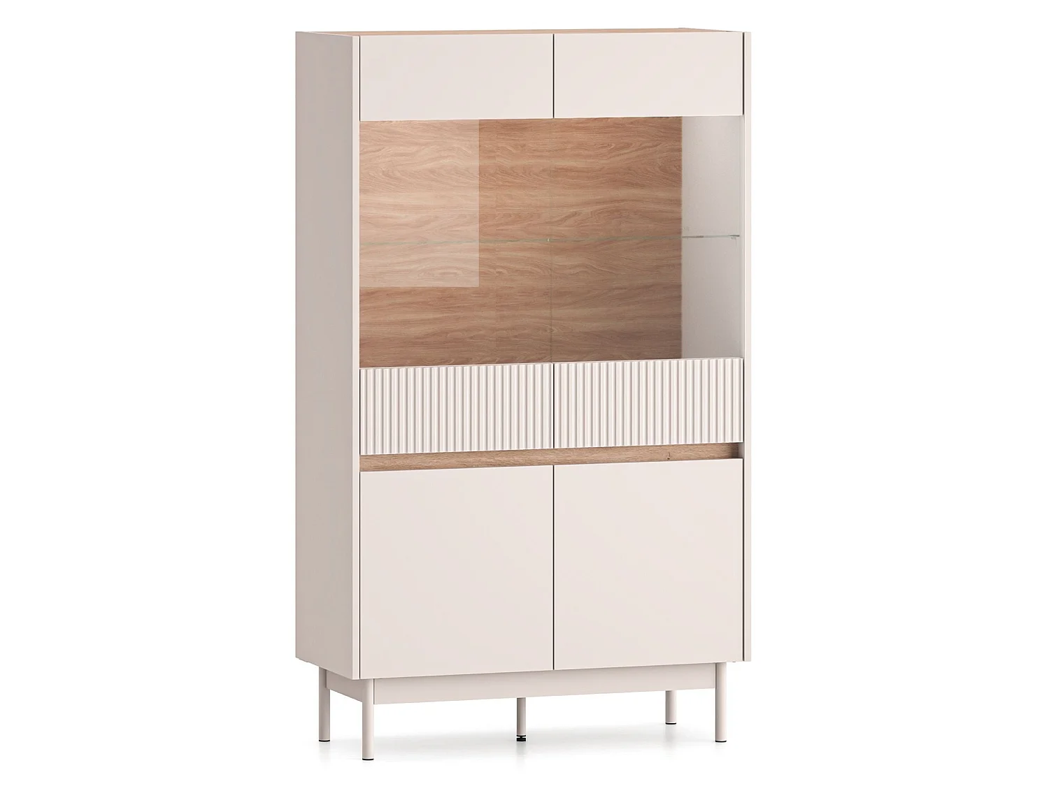 Vitrine 4-türig – Glasfront & LED – Kaschmirgrau/Eichenoptik – 92 cm – DUNEA