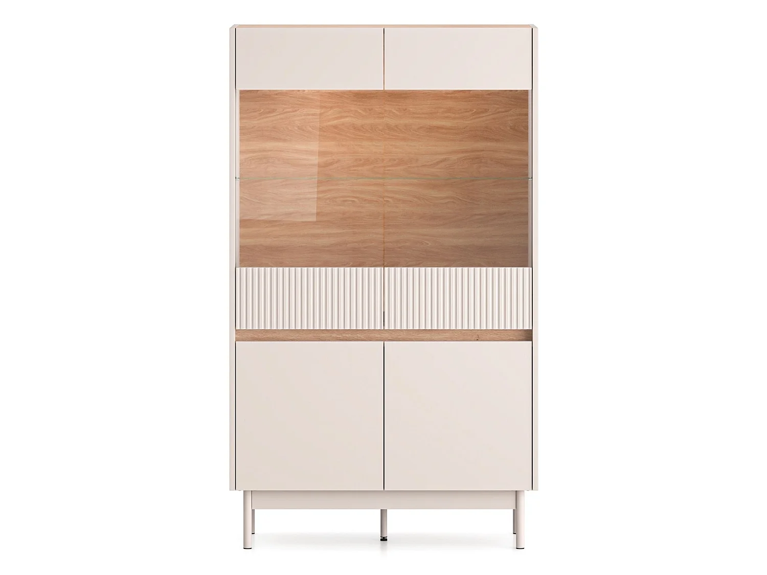 Vitrine 4-türig – Glasfront & LED – Kaschmirgrau/Eichenoptik – 92 cm – DUNEA