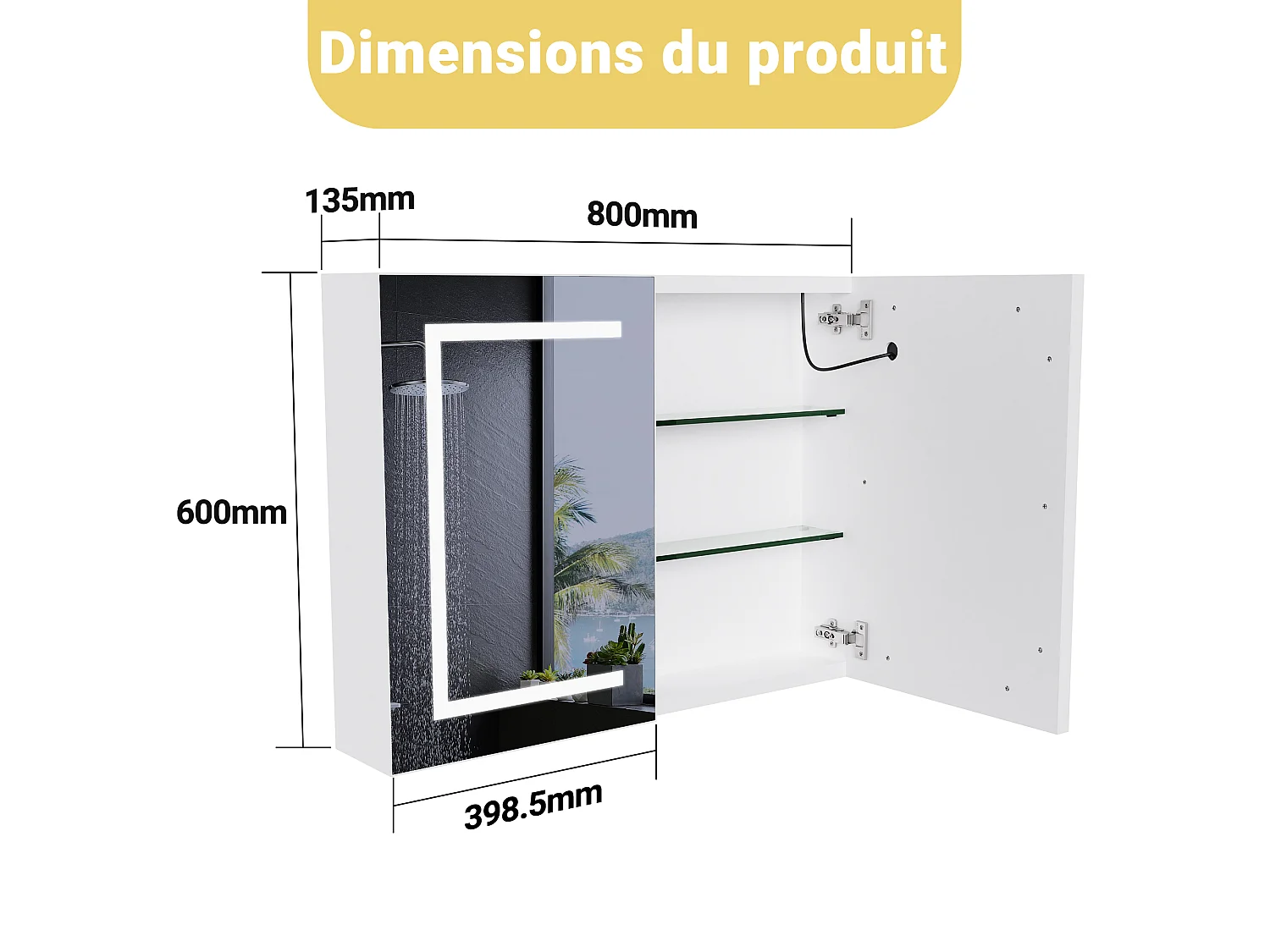 Armoire de Salle de Bain avec Miroir et LED éclairage 80x60x13.5cm Étagère Réglable, Température de Couleur Réglable