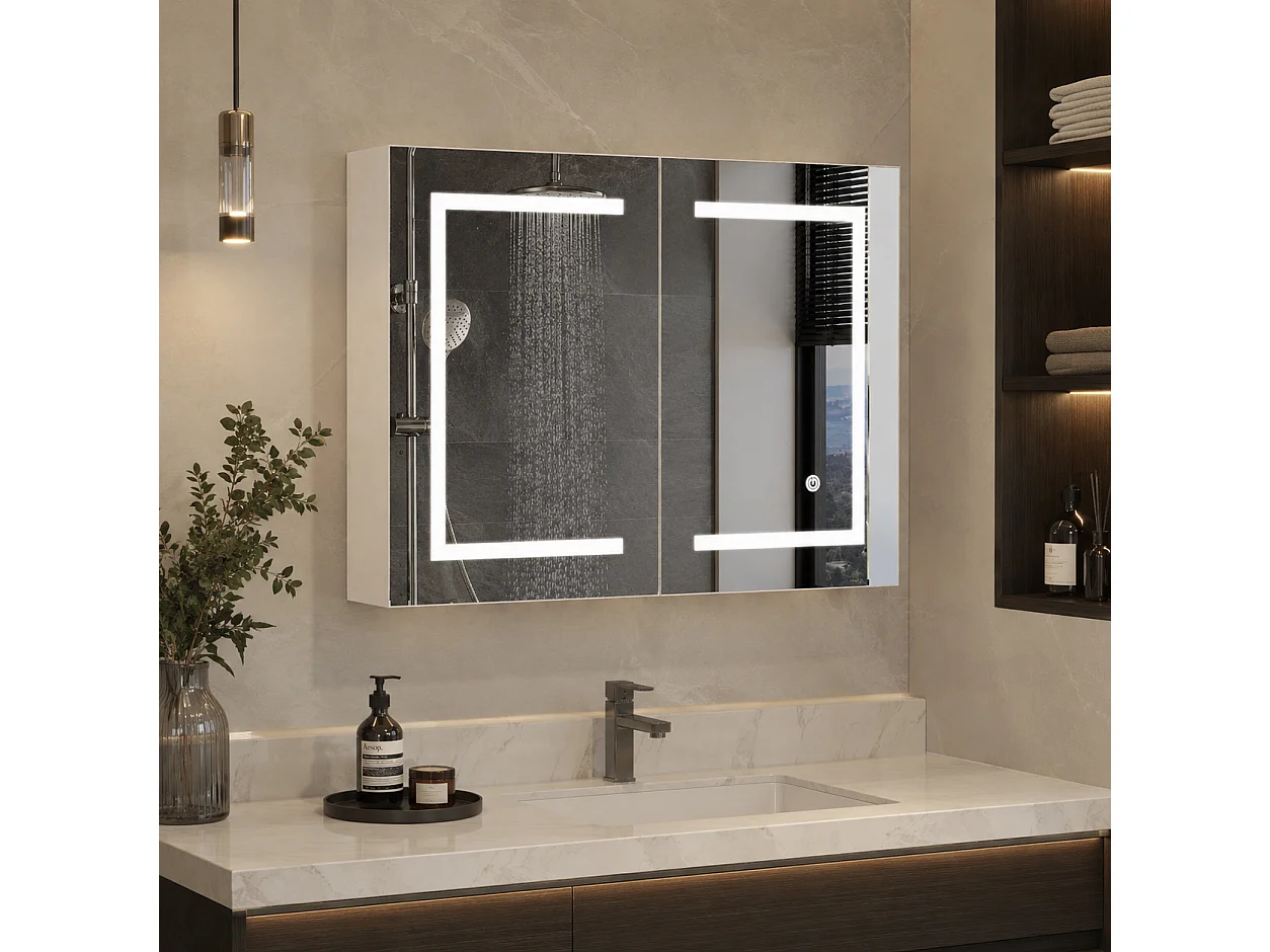 Armoire de Salle de Bain avec Miroir et LED éclairage 80x60x13.5cm Étagère Réglable, Température de Couleur Réglable