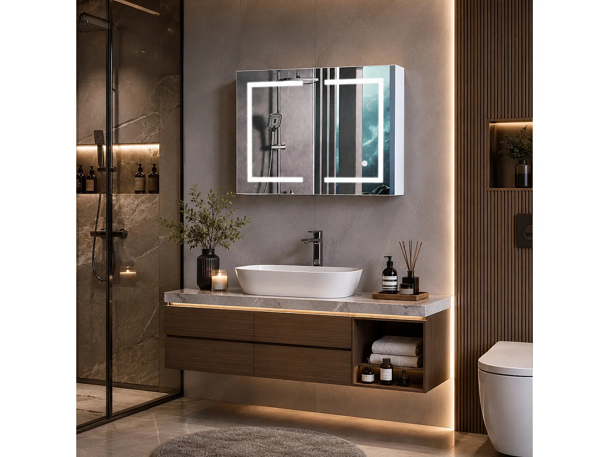 Armoire de Salle de Bain avec Miroir et LED éclairage 80x60x13.5cm Étagère Réglable, Température de Couleur Réglable