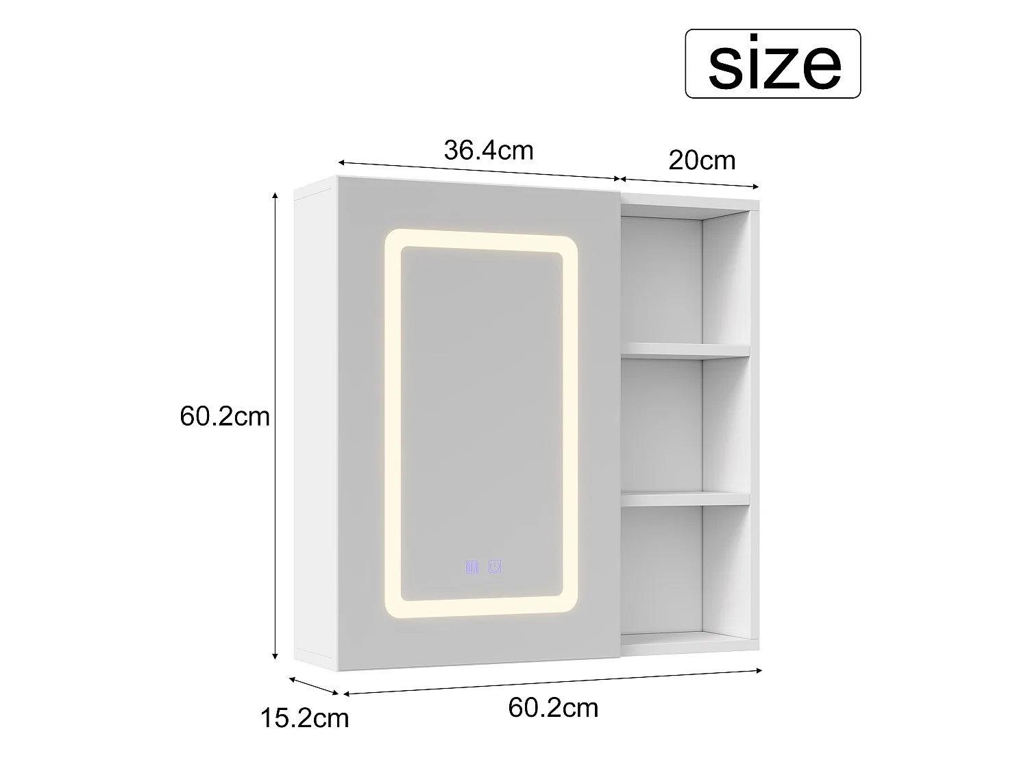 Armoire de Salle de Bain avec Miroir et LED 1 Porte, 3 Étagères Ouvertes, anti-buée, Blanc, 60x60x15 cm