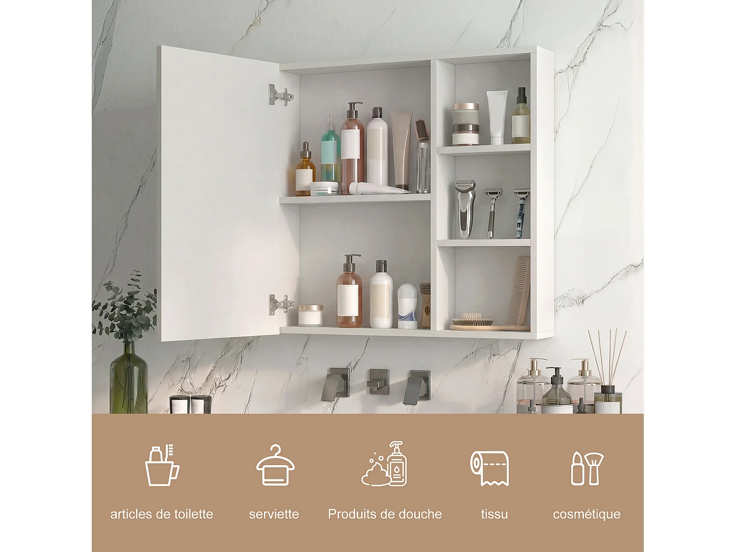 Armoire de Salle de Bain avec Miroir et LED 1 Porte, 3 Étagères Ouvertes, anti-buée, Blanc, 60x60x15 cm