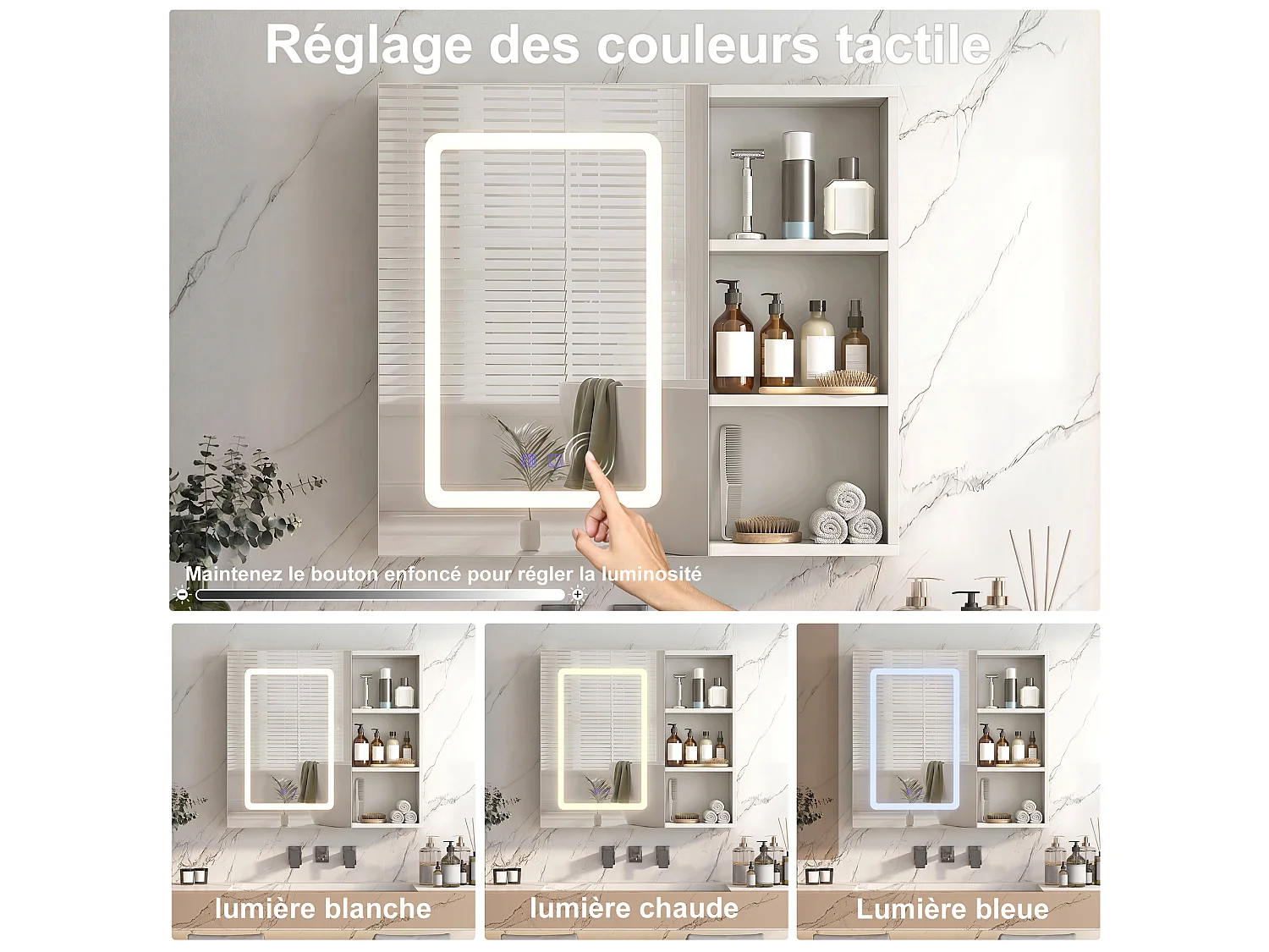 Armoire de Salle de Bain avec Miroir et LED 1 Porte, 3 Étagères Ouvertes, anti-buée, Blanc, 60x60x15 cm