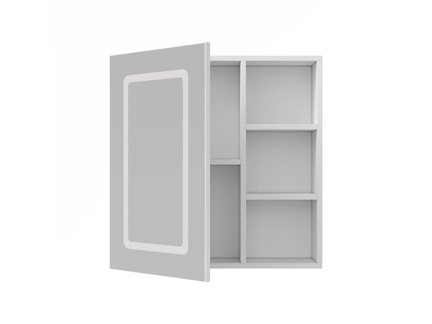 Armoire de Salle de Bain avec Miroir et LED 1 Porte, 3 Étagères Ouvertes, anti-buée, Blanc, 60x60x15 cm