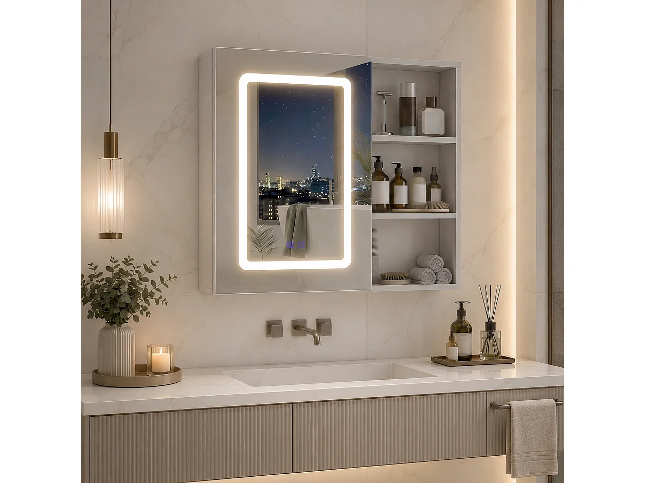 Armoire de Salle de Bain avec Miroir et LED 1 Porte, 3 Étagères Ouvertes, anti-buée, Blanc, 60x60x15 cm
