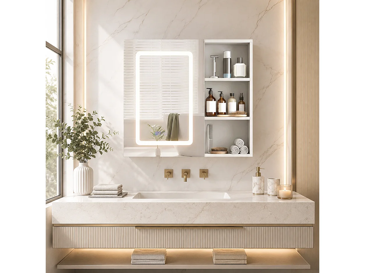Armoire de Salle de Bain avec Miroir et LED 1 Porte, 3 Étagères Ouvertes, anti-buée, Blanc, 60x60x15 cm