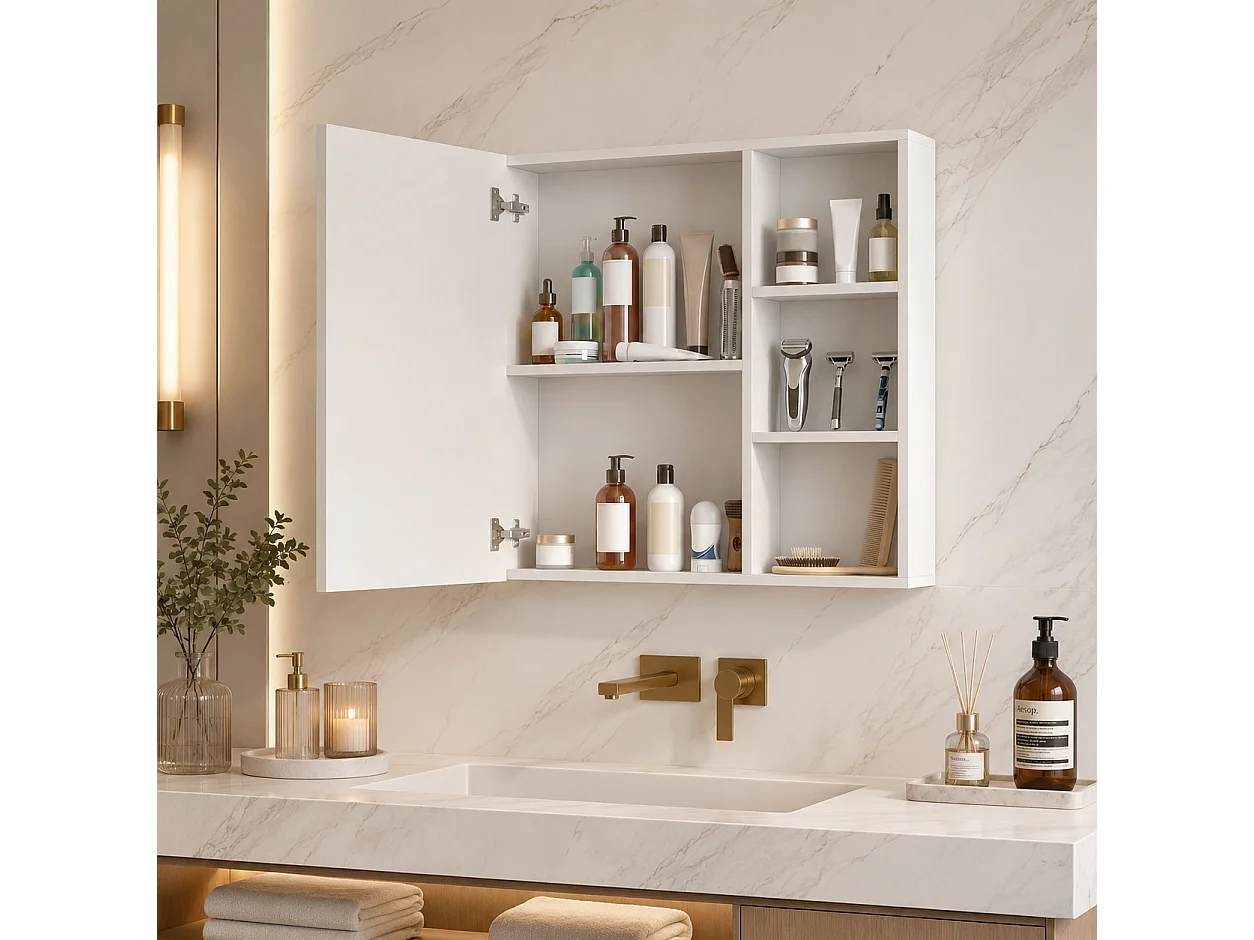 Armoire de Salle de Bain avec Miroir et LED 1 Porte, 3 Étagères Ouvertes, anti-buée, Blanc, 60x60x15 cm