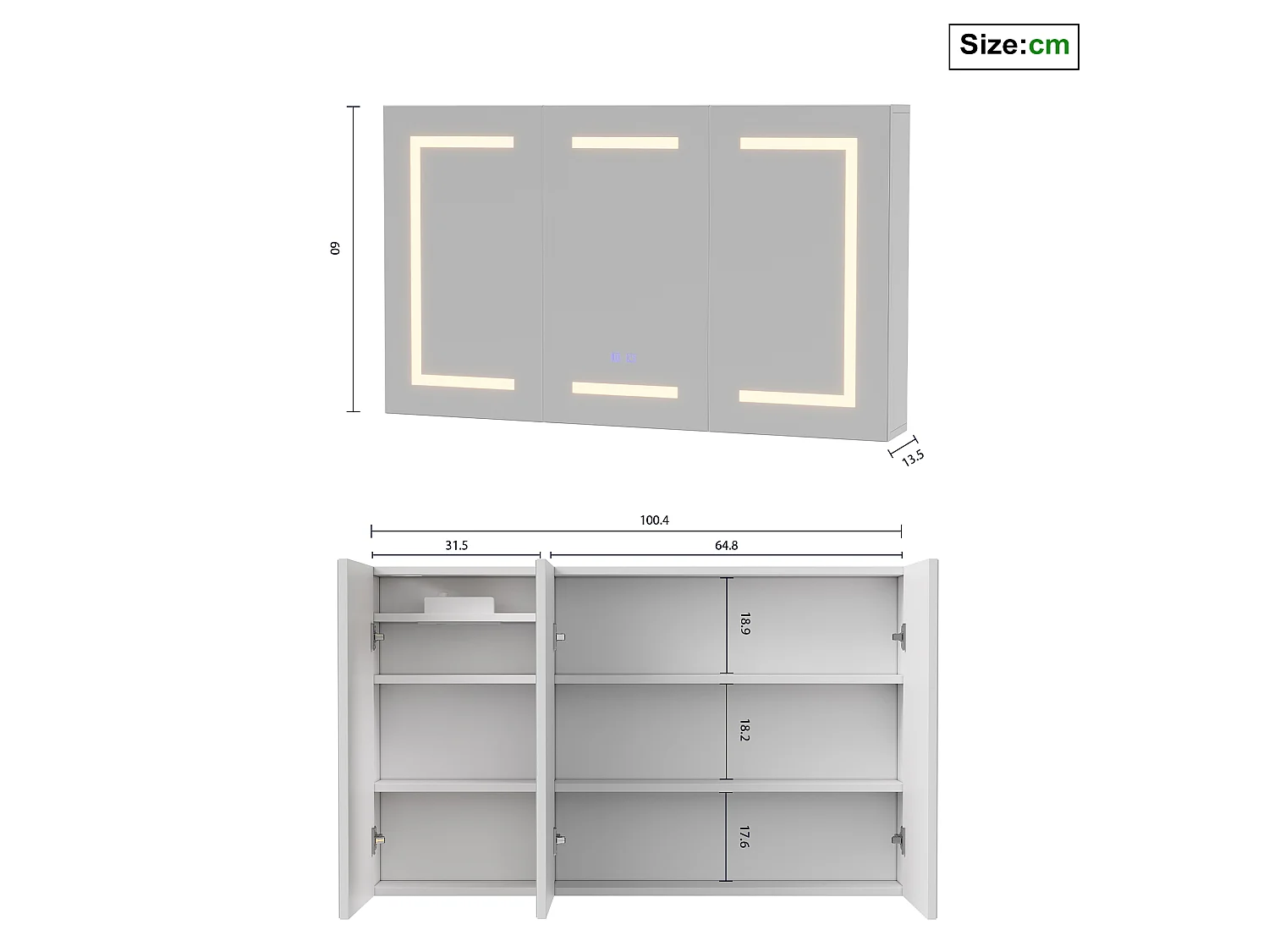 Armoire de salle de bain avec miroir, éclairage LED, 100x60x13.5cm, Espace de Rangement, anti-buée