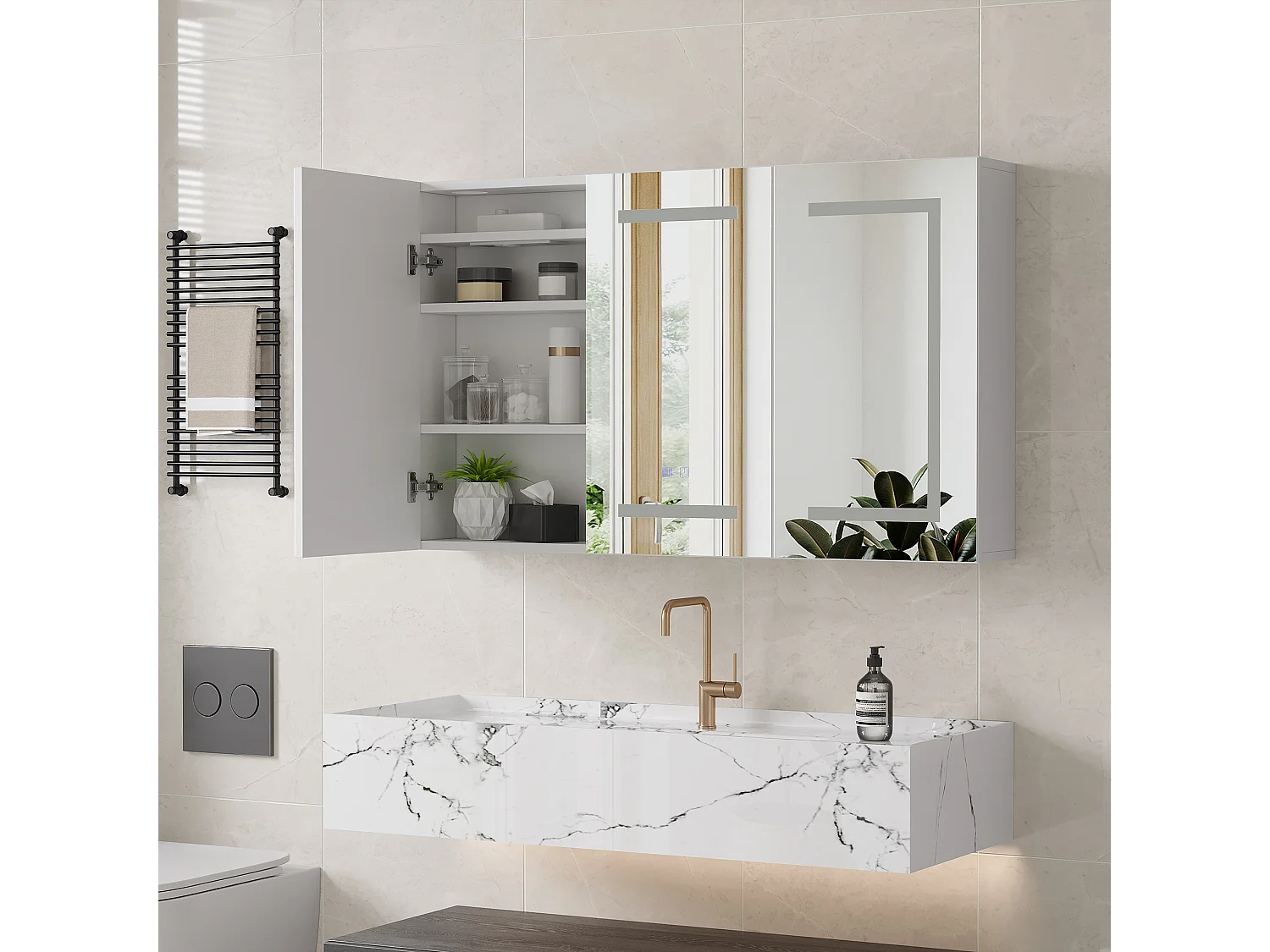 Armoire de salle de bain avec miroir, éclairage LED, 100x60x13.5cm, Espace de Rangement, anti-buée