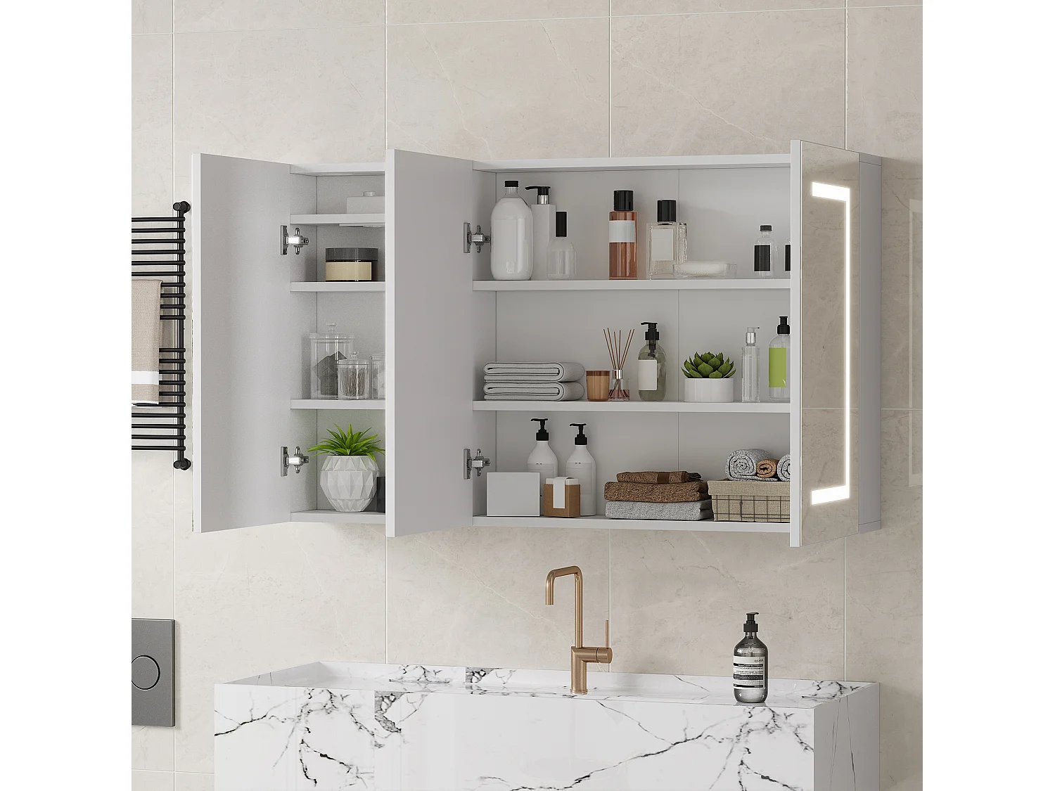 Armoire de salle de bain avec miroir, éclairage LED, 100x60x13.5cm, Espace de Rangement, anti-buée