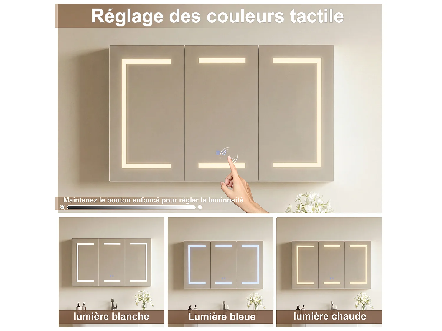 Armoire de salle de bain avec miroir, éclairage LED, 100x60x13.5cm, Espace de Rangement, anti-buée
