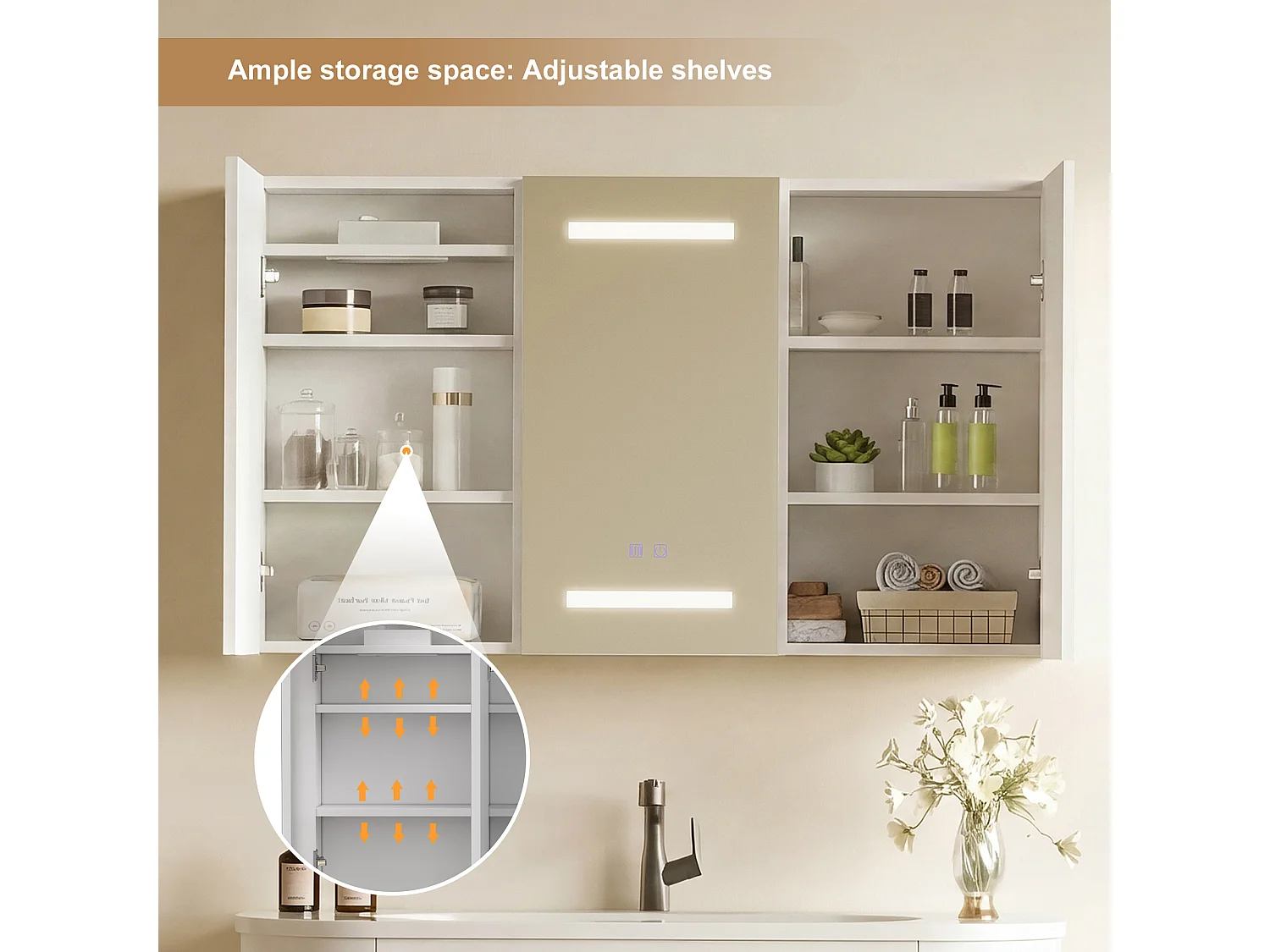 Armoire de salle de bain avec miroir, éclairage LED, 100x60x13.5cm, Espace de Rangement, anti-buée