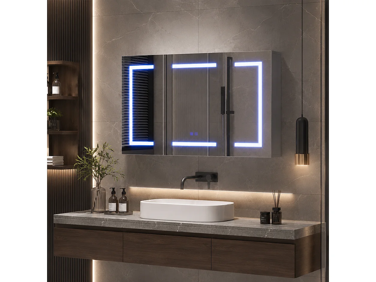 Armoire de salle de bain avec miroir, éclairage LED, 100x60x13.5cm, Espace de Rangement, anti-buée