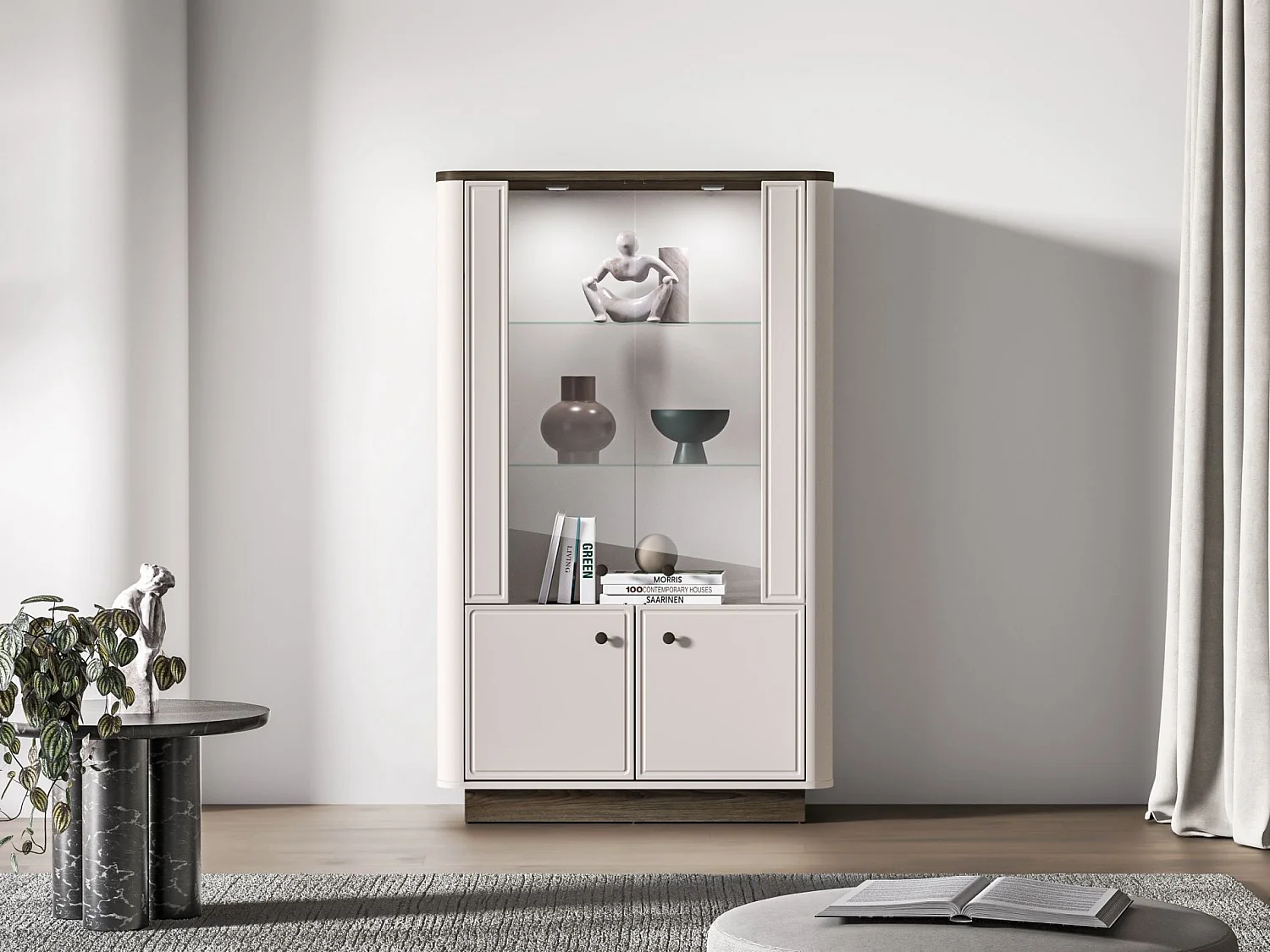 Vitrine basse – 4 portes & LED – Gris cachemire/aspect chêne foncé – 92 cm – VILAVIO
