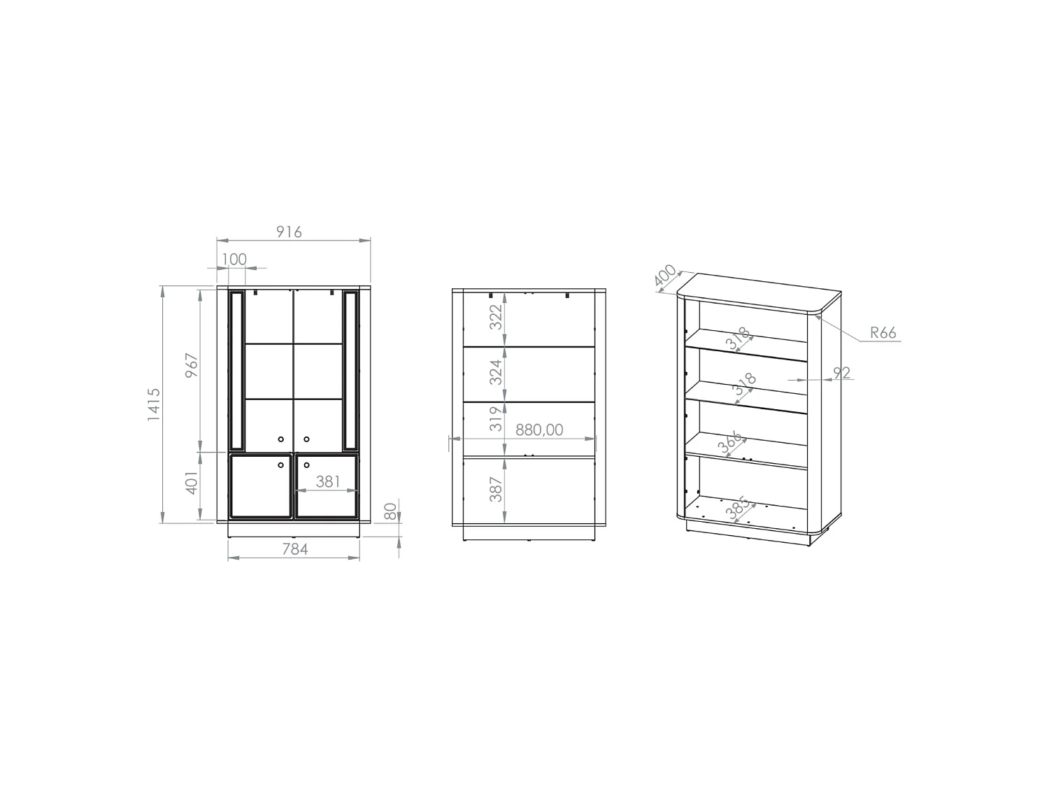 Vitrine basse – 4 portes & LED – Gris cachemire/aspect chêne foncé – 92 cm – VILAVIO