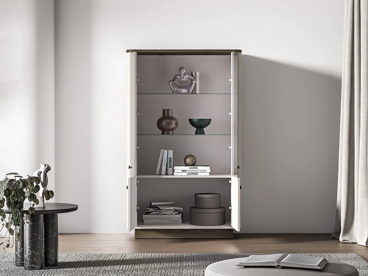 Vitrine 4-türig mit LED – Kaschmirgrau/Eichenoptik Dunkel – 92 cm – VILAVIO