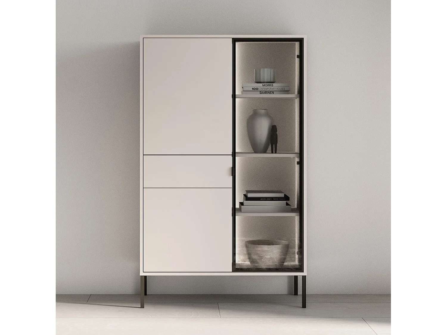 Vitrine 3 portes – avec LED – Gris cachemire – 92 cm – BARNNEE