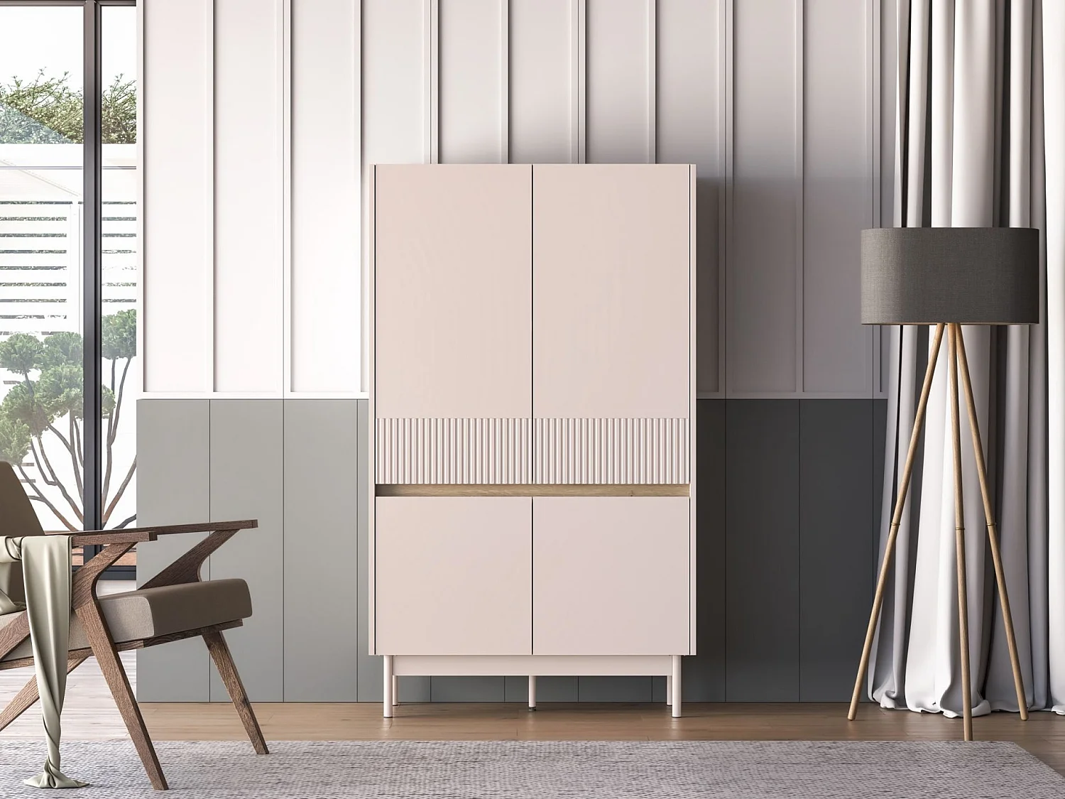 Highboard 4-türig – Kaschmirgrau/Eichenholzoptik – 92 cm – DUNEA
