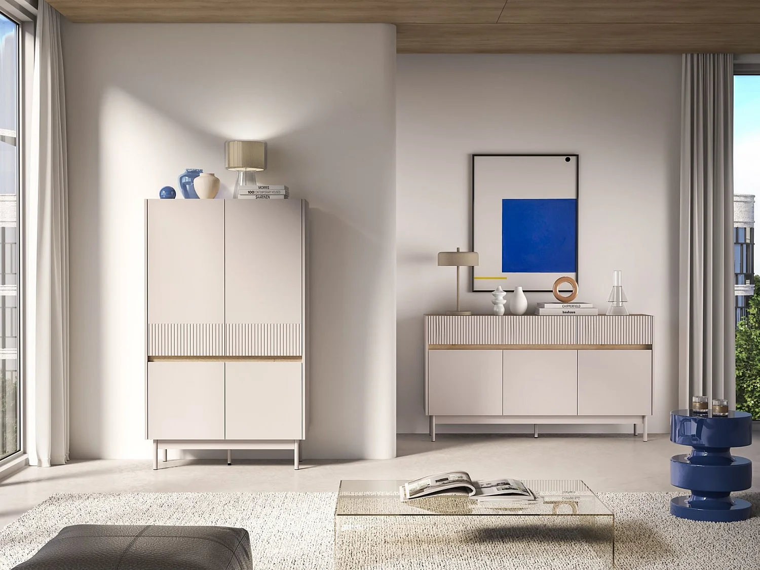 Highboard 4-türig – Kaschmirgrau/Eichenholzoptik – 92 cm – DUNEA