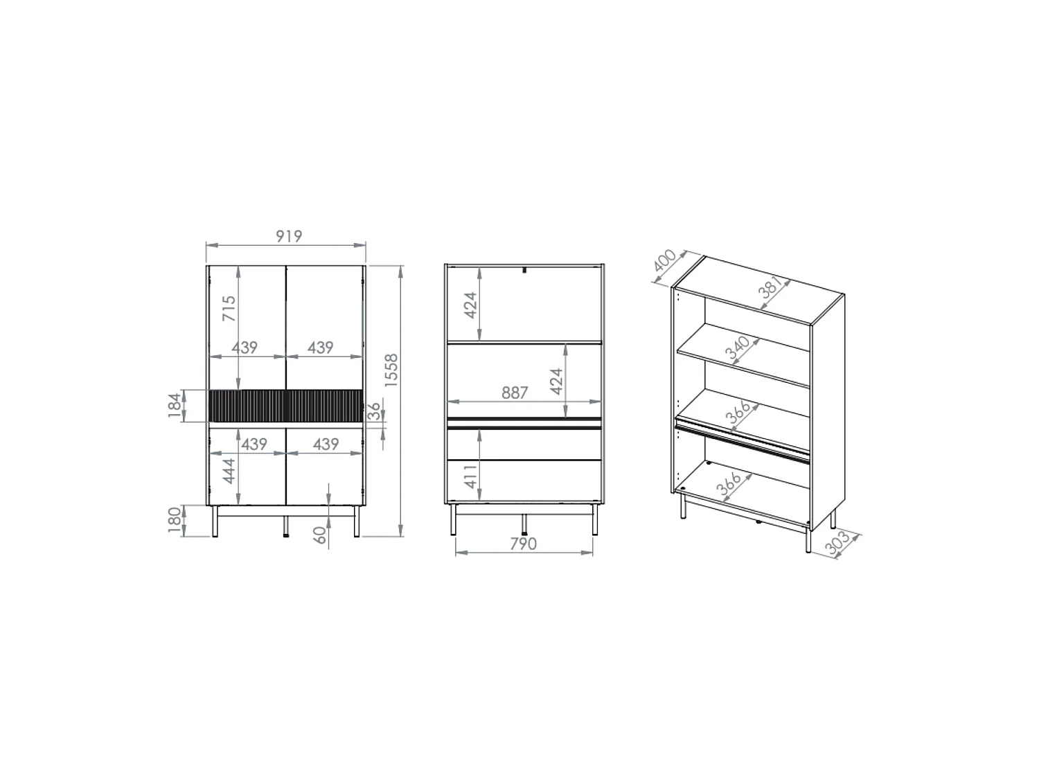 Highboard 4-türig – Kaschmirgrau/Eichenholzoptik – 92 cm – DUNEA