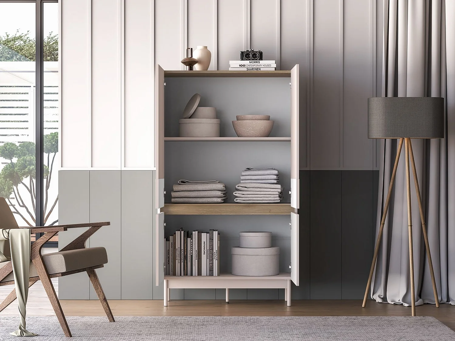 Highboard 4-türig – Kaschmirgrau/Eichenholzoptik – 92 cm – DUNEA
