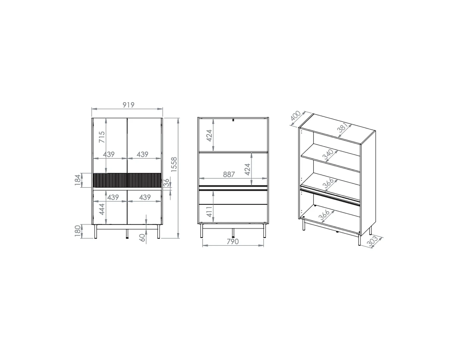 Buffet haut 4 portes – Gris cachemire/aspect chêne – 92 cm – DUNEA