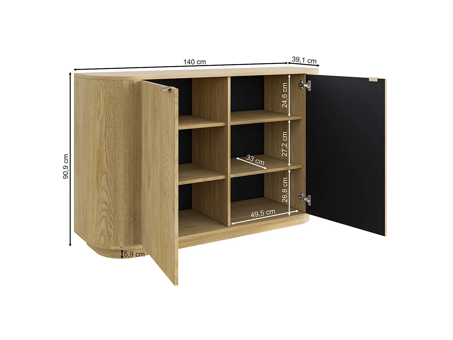 Sideboard 2-türig, Eiche Cremona Torro, 140 cm - CORU