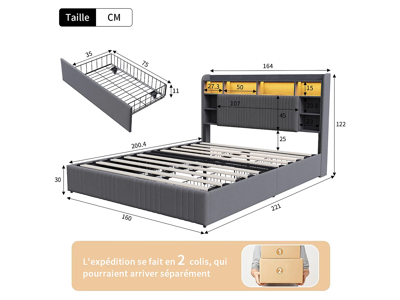 Lit Adult 160x200 avec LED et USB, Lit Double avec 2 Tiroirs et Tête de Lit de Rangement, Cadre de Lit Capitonnée pour Adultes et Adolescents, Gris