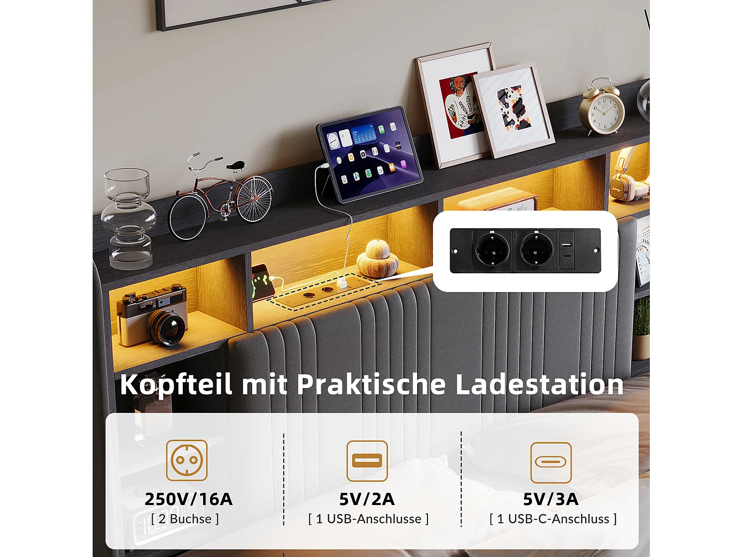 Lit Adult 160x200 avec LED et USB, Lit Double avec 2 Tiroirs et Tête de Lit de Rangement, Cadre de Lit Capitonnée pour Adultes et Adolescents, Gris