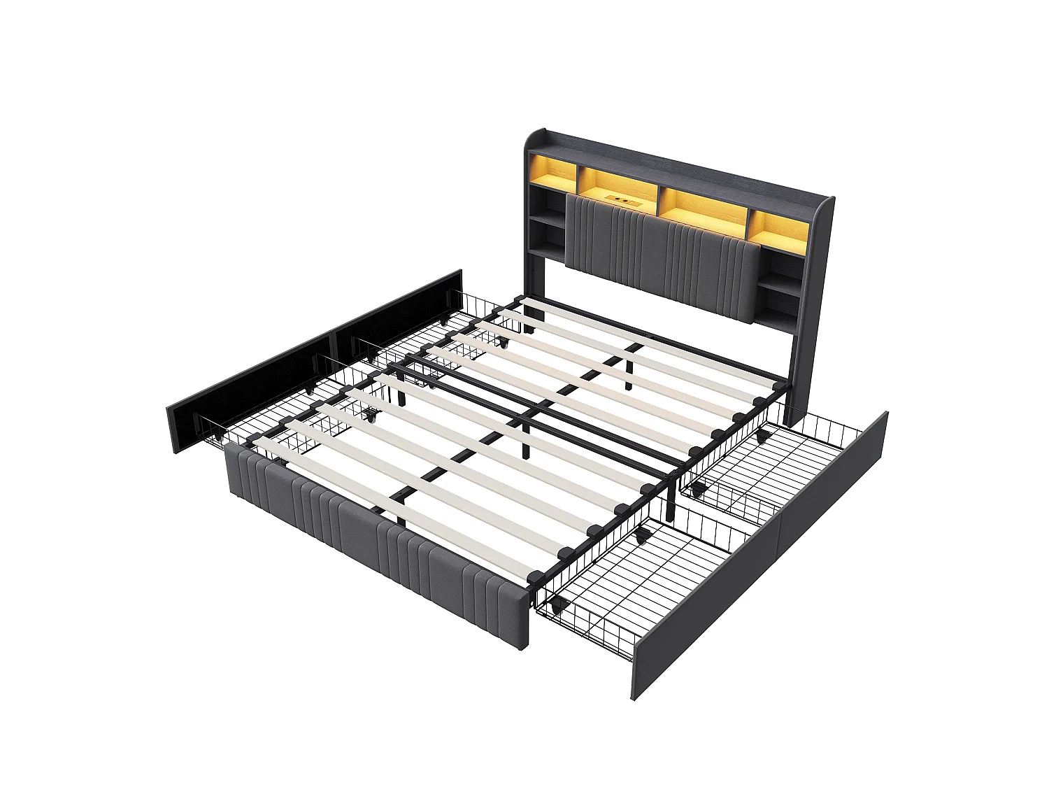 Lit Adult 160x200 avec LED et USB, Lit Double avec 2 Tiroirs et Tête de Lit de Rangement, Cadre de Lit Capitonnée pour Adultes et Adolescents, Gris