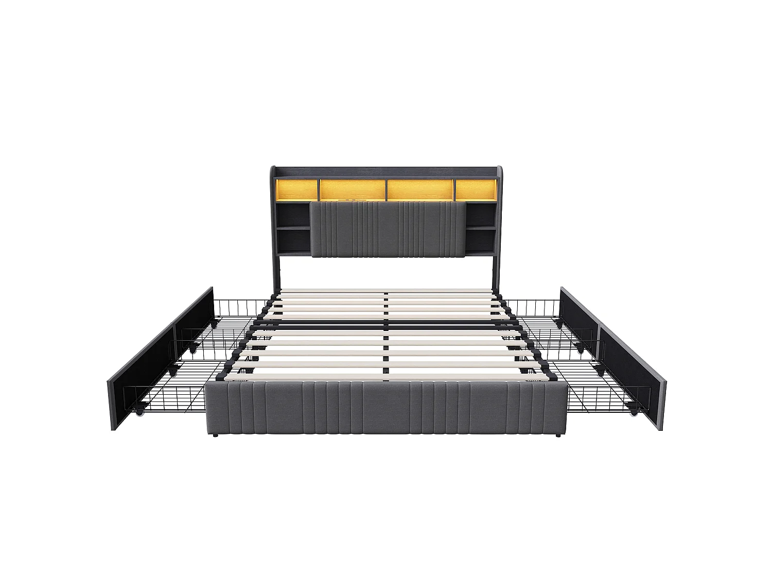 Lit Adult 160x200 avec LED et USB, Lit Double avec 2 Tiroirs et Tête de Lit de Rangement, Cadre de Lit Capitonnée pour Adultes et Adolescents, Gris