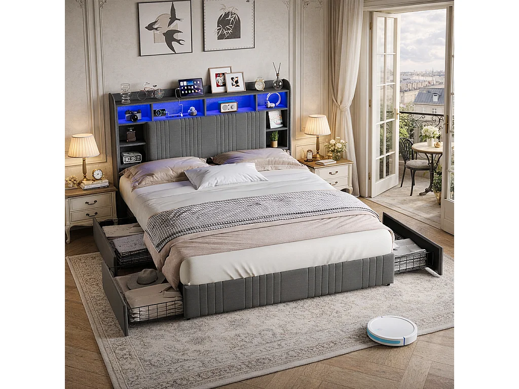 Lit Adult 160x200 avec LED et USB, Lit Double avec 2 Tiroirs et Tête de Lit de Rangement, Cadre de Lit Capitonnée pour Adultes et Adolescents, Gris
