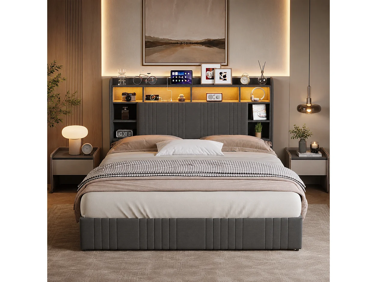 Lit Adult 160x200 avec LED et USB, Lit Double avec 2 Tiroirs et Tête de Lit de Rangement, Cadre de Lit Capitonnée pour Adultes et Adolescents, Gris