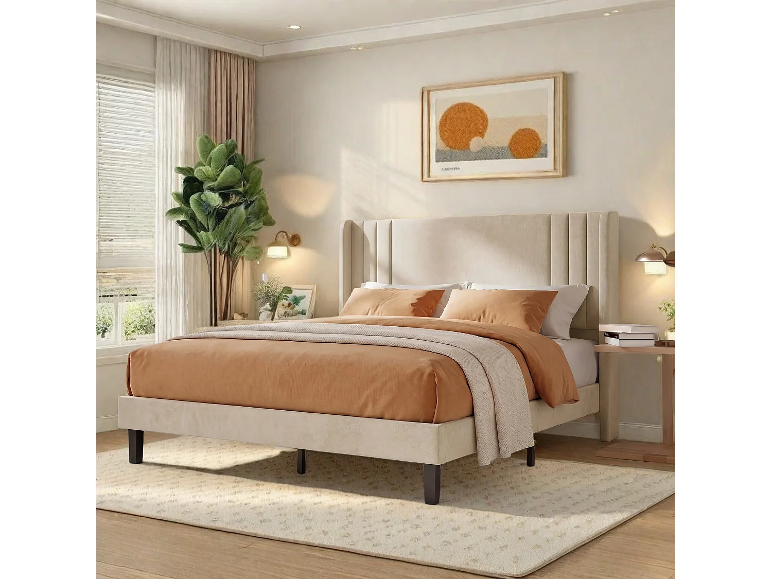 Lit 140x200 avec sommier à lattes, Cadre de lit avec tête de lit capitonnée, pour Adultes et Adolescents, Lit rembourré en tissu lin, Beige
