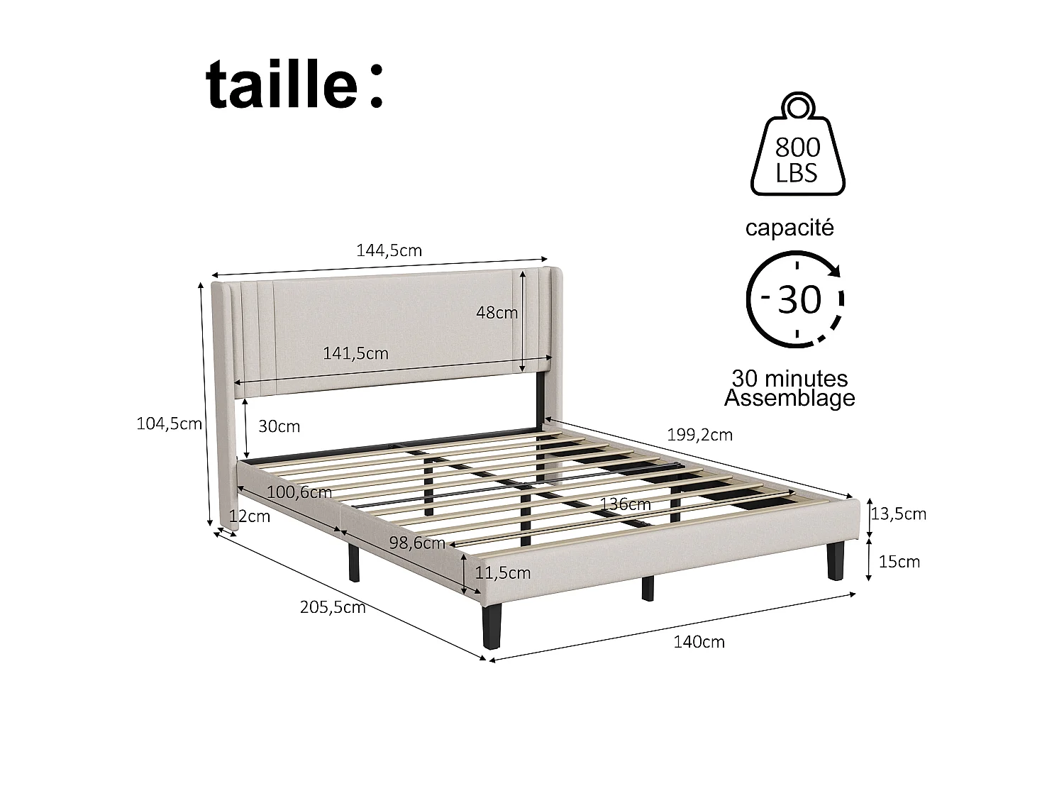 Lit 140x200 avec sommier à lattes, Cadre de lit avec tête de lit capitonnée, pour Adultes et Adolescents, Lit rembourré en tissu lin, Beige