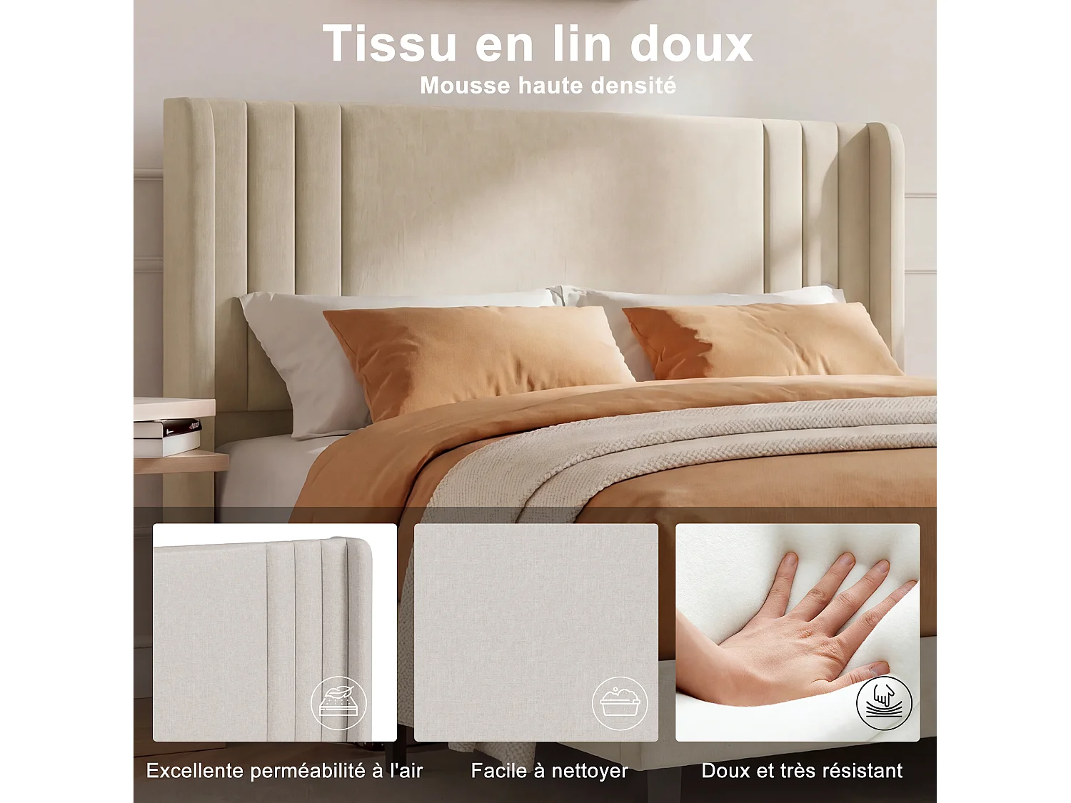 Lit 140x200 avec sommier à lattes, Cadre de lit avec tête de lit capitonnée, pour Adultes et Adolescents, Lit rembourré en tissu lin, Beige