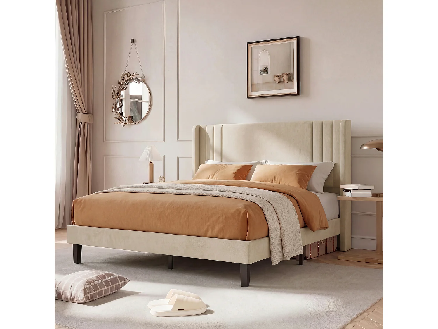 Lit 140x200 avec sommier à lattes, Cadre de lit avec tête de lit capitonnée, pour Adultes et Adolescents, Lit rembourré en tissu lin, Beige
