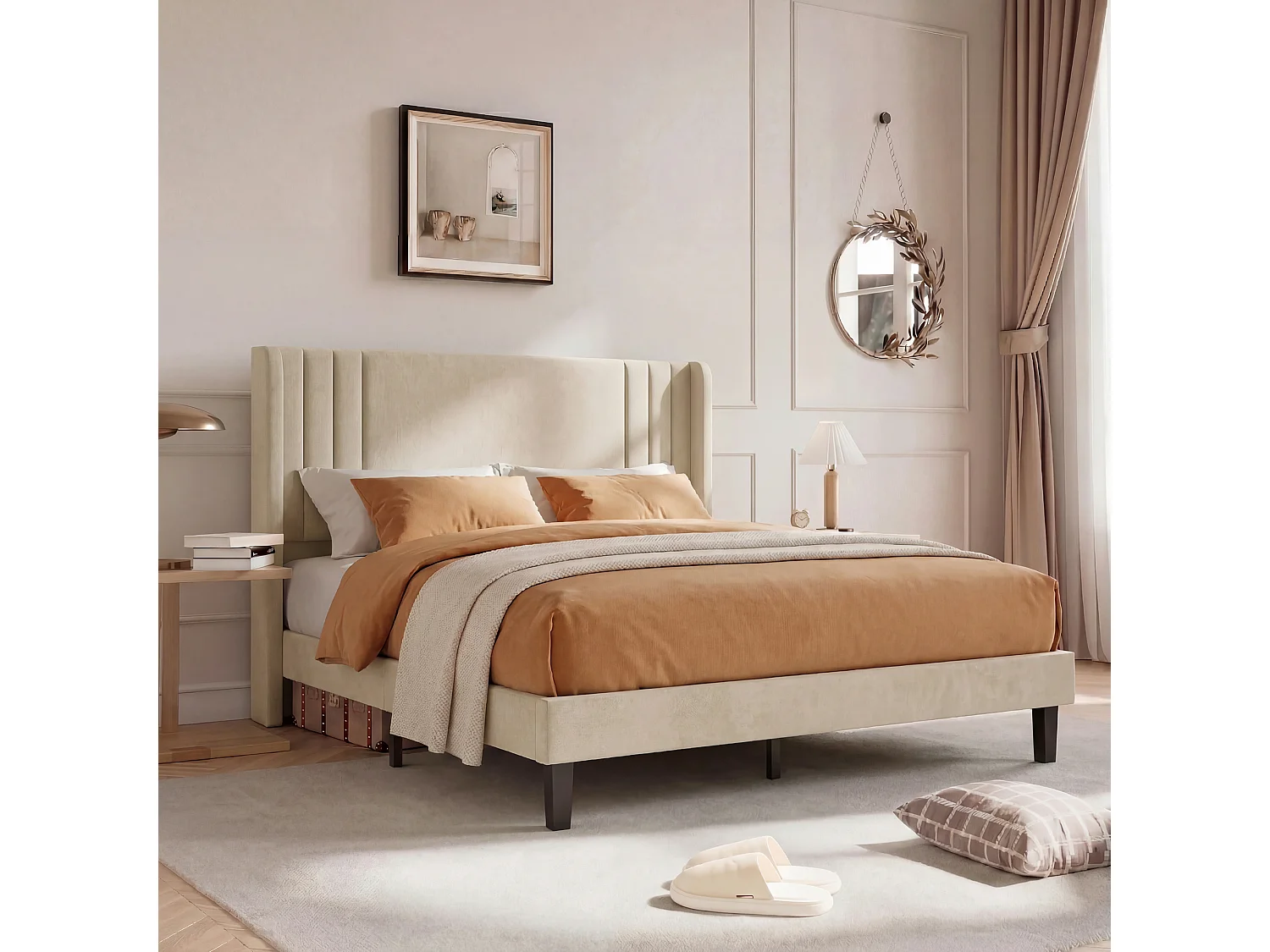 Lit 140x200 avec sommier à lattes, Cadre de lit avec tête de lit capitonnée, pour Adultes et Adolescents, Lit rembourré en tissu lin, Beige
