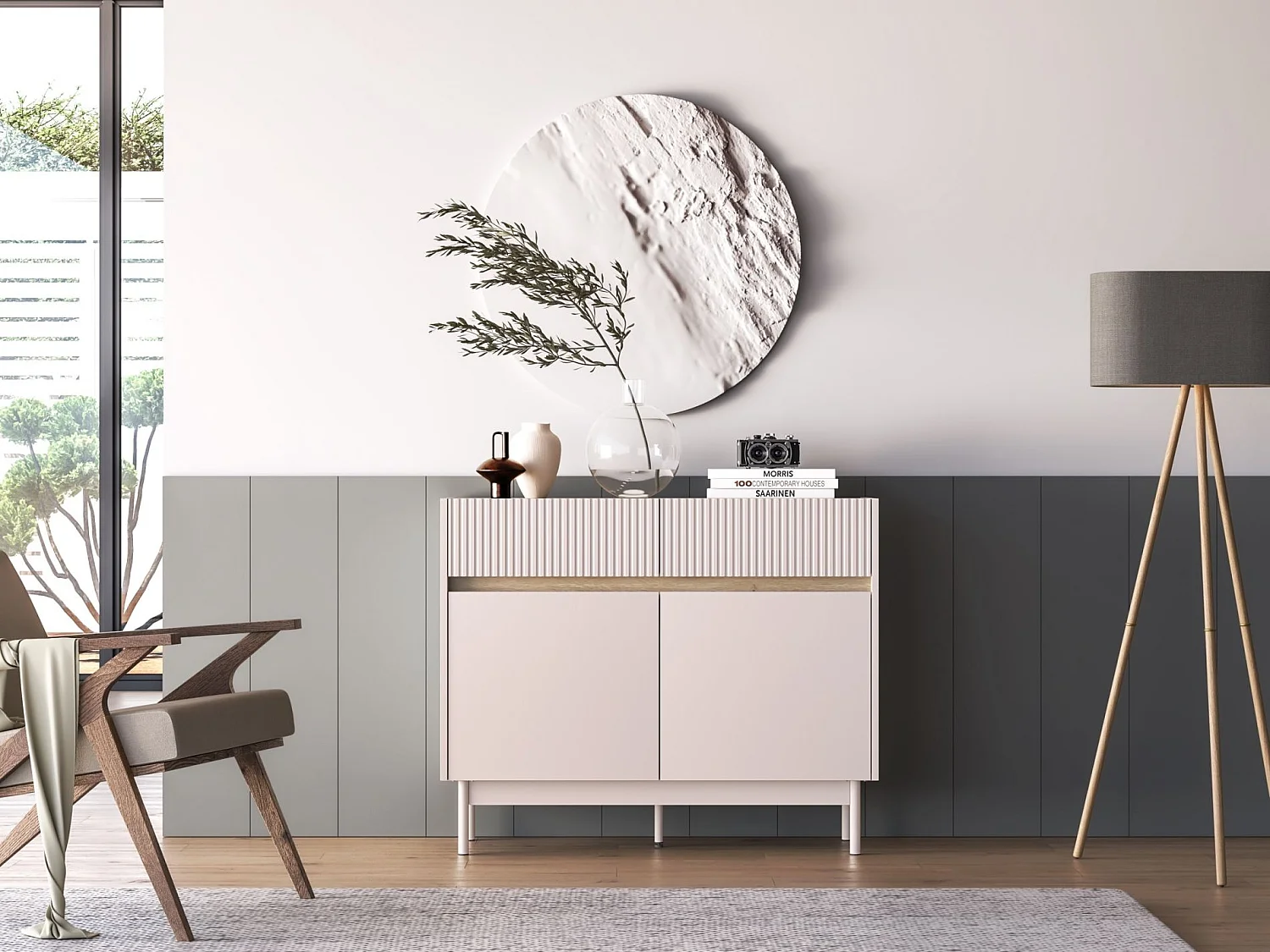 Sideboard mit 2 Schubladen – Kaschmirgrau/Eichenholzoptik – 104 cm – DUNEA