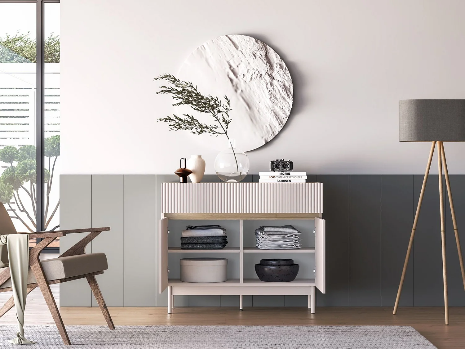 Buffet 2 portes avec 2 tiroirs – Gris cachemire/aspect chêne – 104 cm – DUNEA
