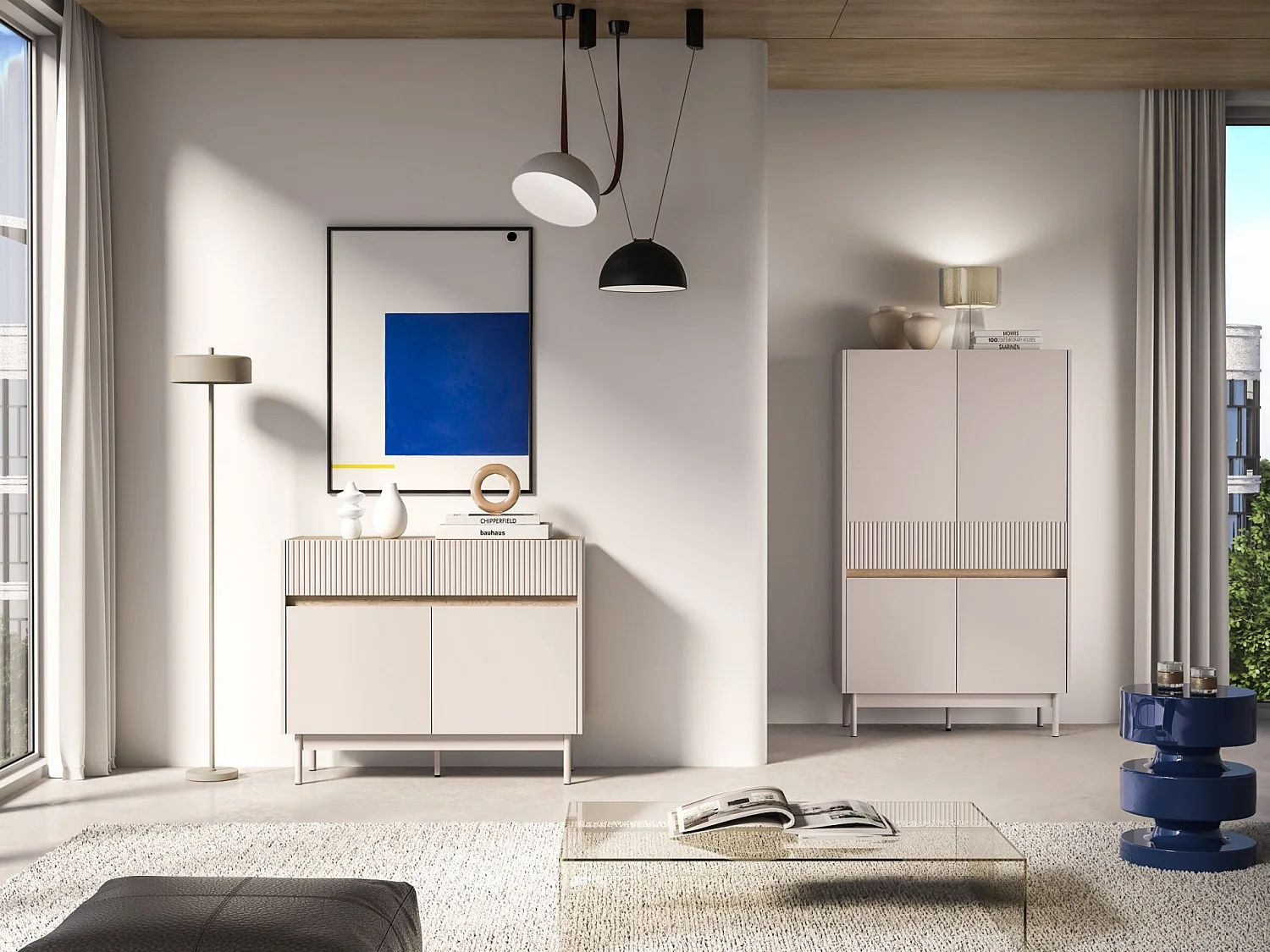 Buffet 2 portes avec 2 tiroirs – Gris cachemire/aspect chêne – 104 cm – DUNEA