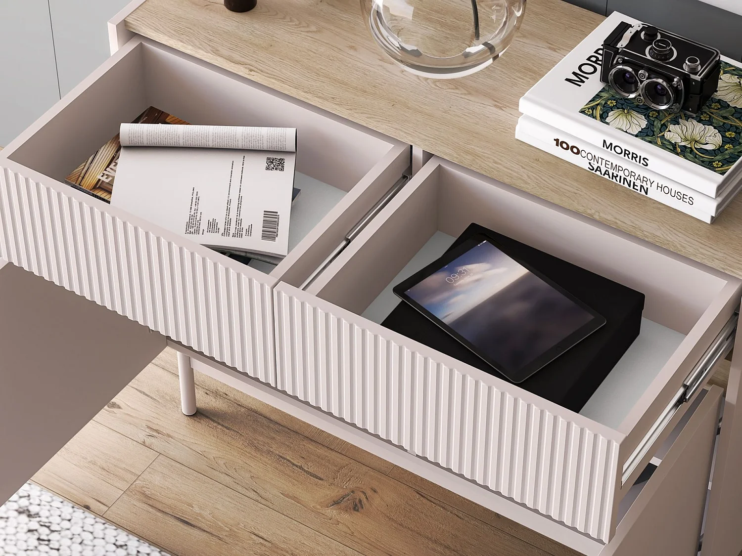 Buffet 2 portes avec 2 tiroirs – Gris cachemire/aspect chêne – 104 cm – DUNEA
