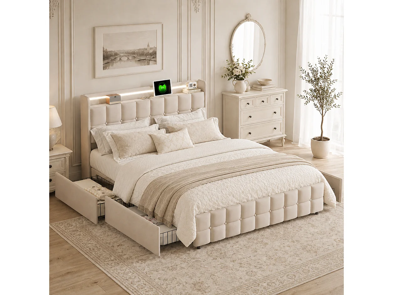 Lit Double 140x200 cm avec Fonction de Charge USB, Tête De Lit LED, Lit Capitonné Adulte avec 4 Tiroirs, Sommier à Lattes, sans Matelas, Lin, Beige