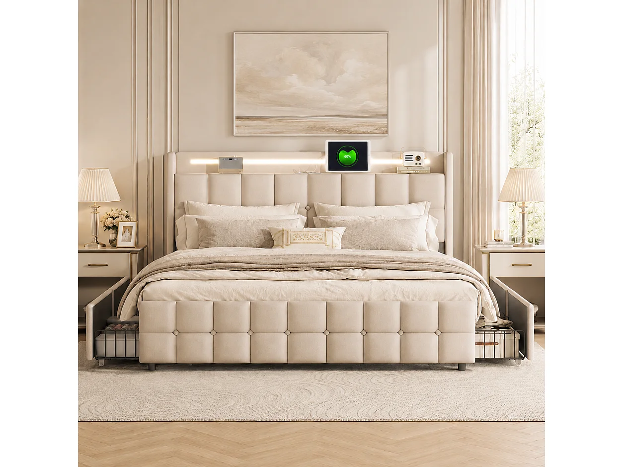 Lit Double 140x200 cm avec Fonction de Charge USB, Tête De Lit LED, Lit Capitonné Adulte avec 4 Tiroirs, Sommier à Lattes, sans Matelas, Lin, Beige