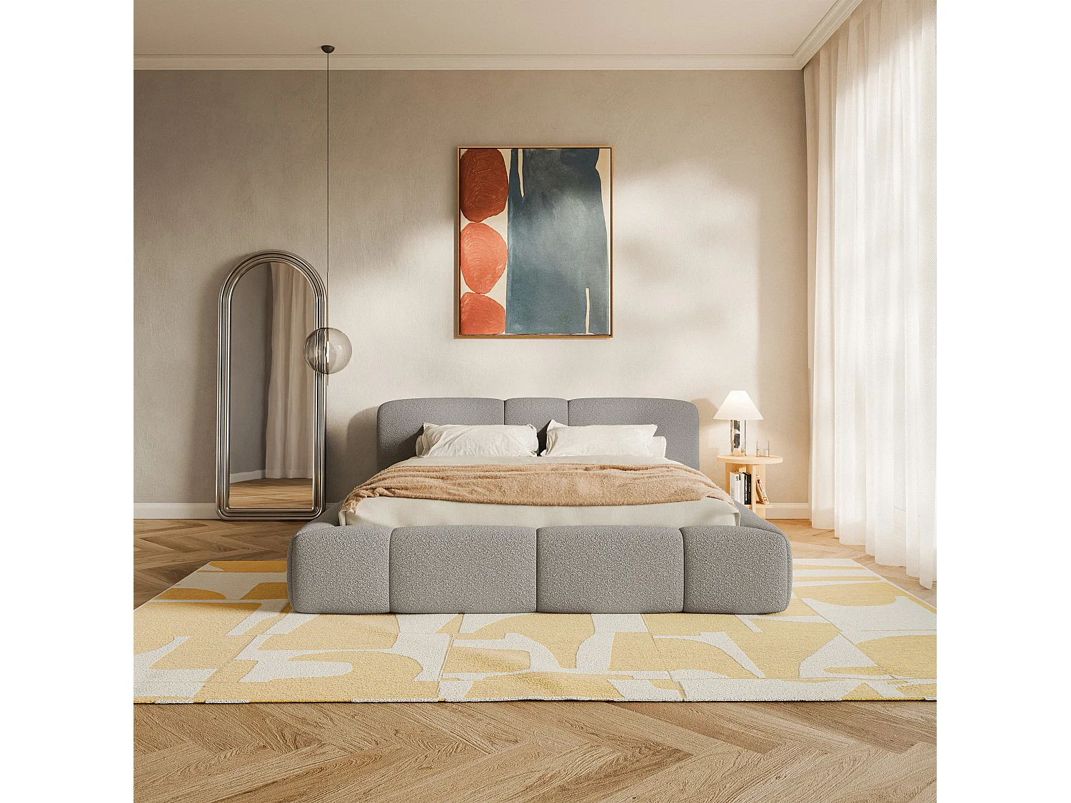 Polsterbett 200x200 cm – Bouclé Hellgrau – BOWIA