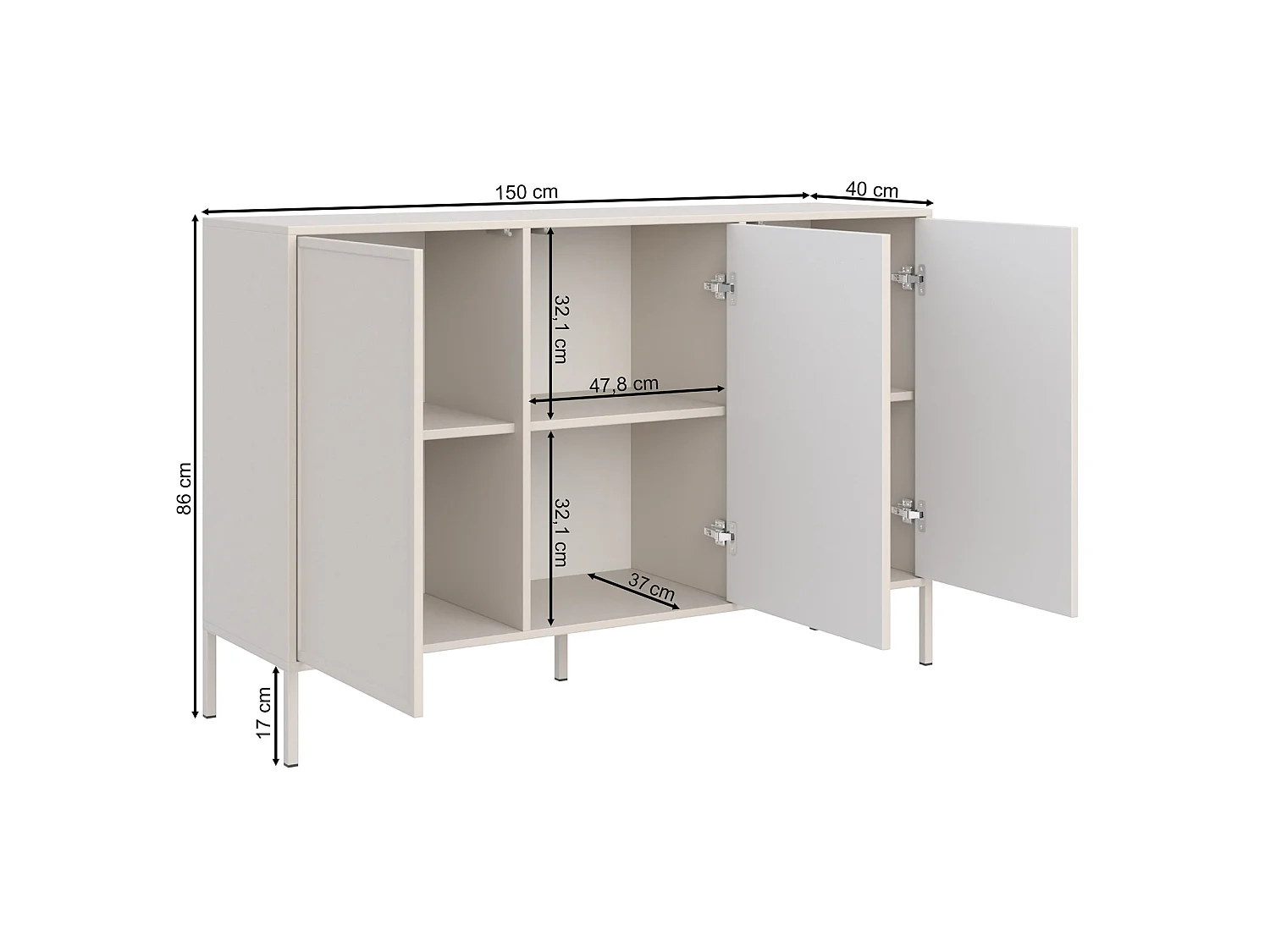 Sideboard 3-türig, Weiß, 150 cm - VELVETO