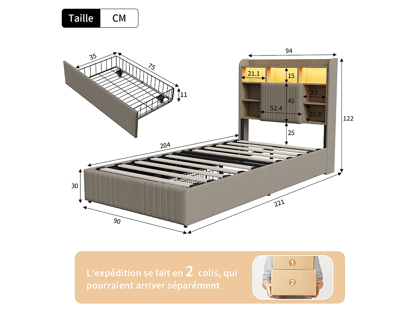 Lit Enfant 90x200 avec 2 Tiroirs, Lit Simple avec Éclairage LED et USB, Tete de Lits avec Compartiment de Rangement, Cadre de Lit pour Adult, Beige
