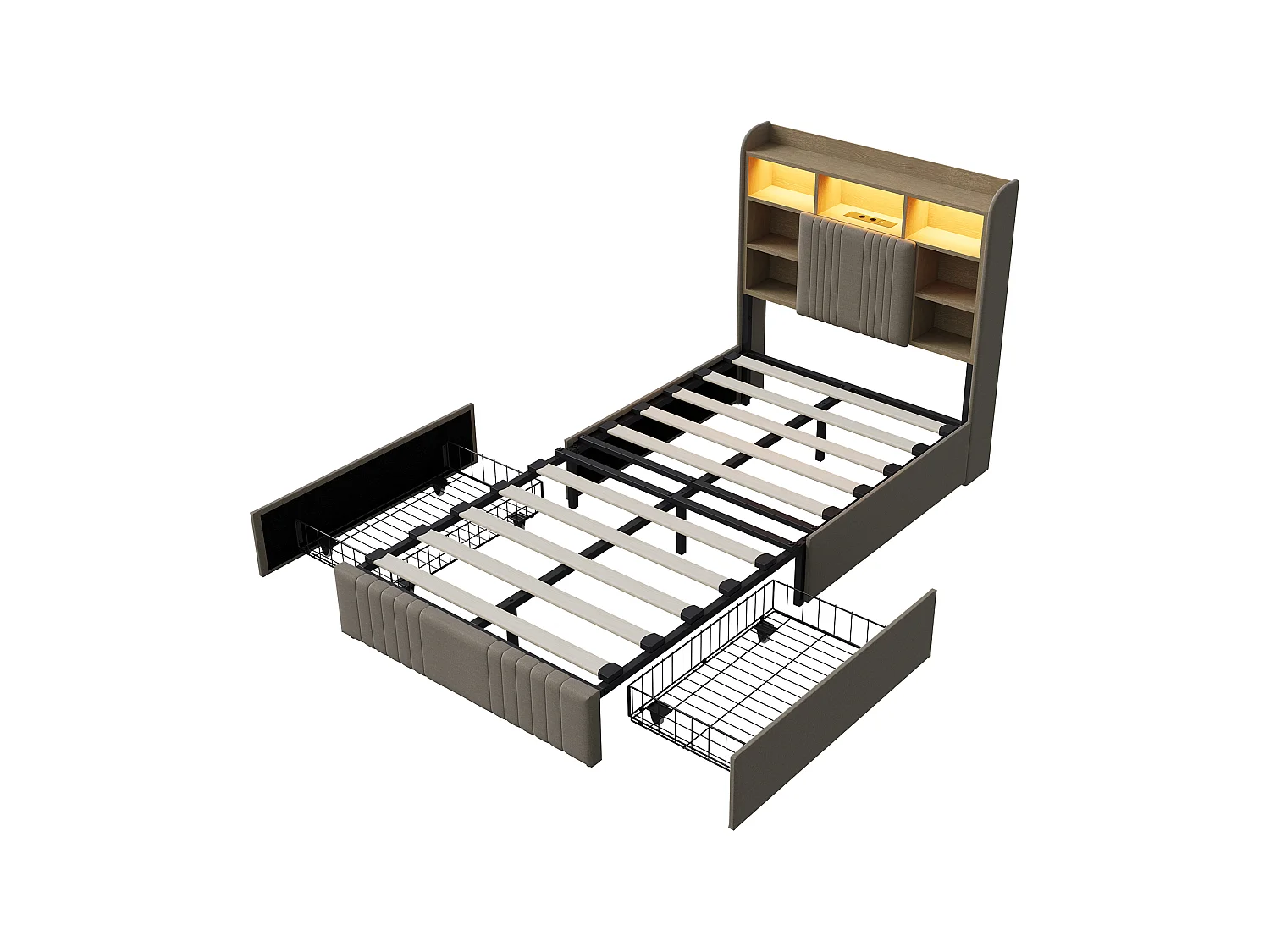 Lit Enfant 90x200 avec 2 Tiroirs, Lit Simple avec Éclairage LED et USB, Tete de Lits avec Compartiment de Rangement, Cadre de Lit pour Adult, Beige